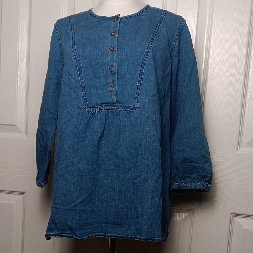 Lands' End Blue Denim Top With 3/4 Sleeves
